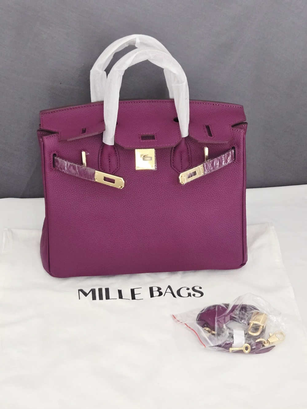 NWT Mille Bags Gabrielle Pebbled Leather Tote Handbag 30cm Purple Gold Hardware